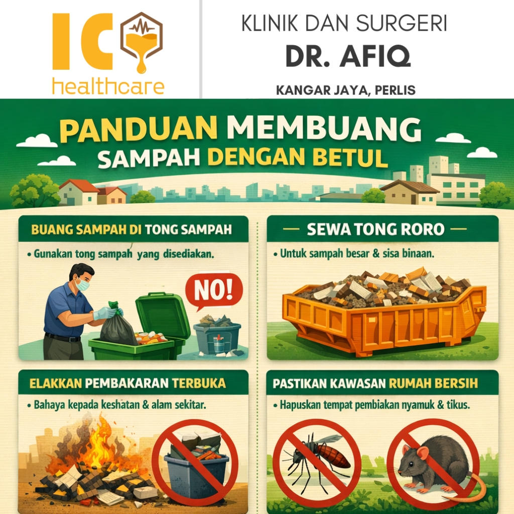 Infografik panduan membuang sampah dengan betul untuk elak denggi dan jangkitan – kesedaran kesihatan awam klinik kangar Perlis