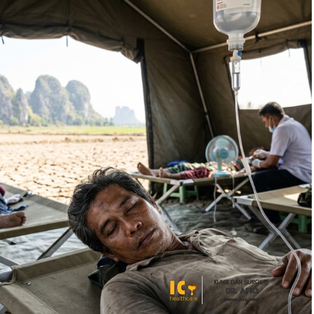 Pesakit menerima rawatan drip IV di Klinik & Surgeri Dr. Afiq Kangar Perlis semasa gelombang haba