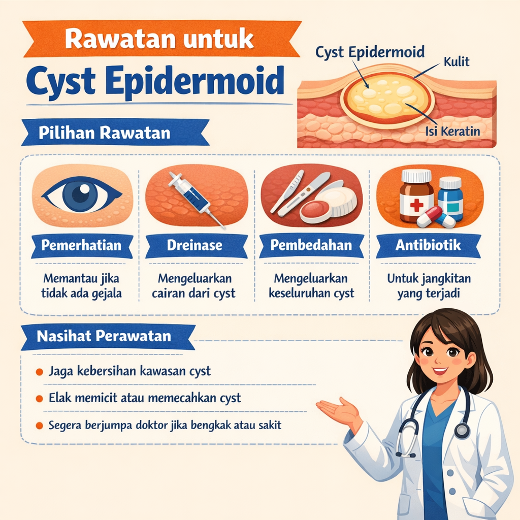 Infografik menunjukkan jenis-jenis cyst atau ketulan pada badan termasuk sebaceous cyst, lipoma, dan ganglion cyst, dengan penjelasan simptom dan pilihan rawatan buang ketulan di Klinik & Surgeri Dr. Afiq, Kangar, Perlis.